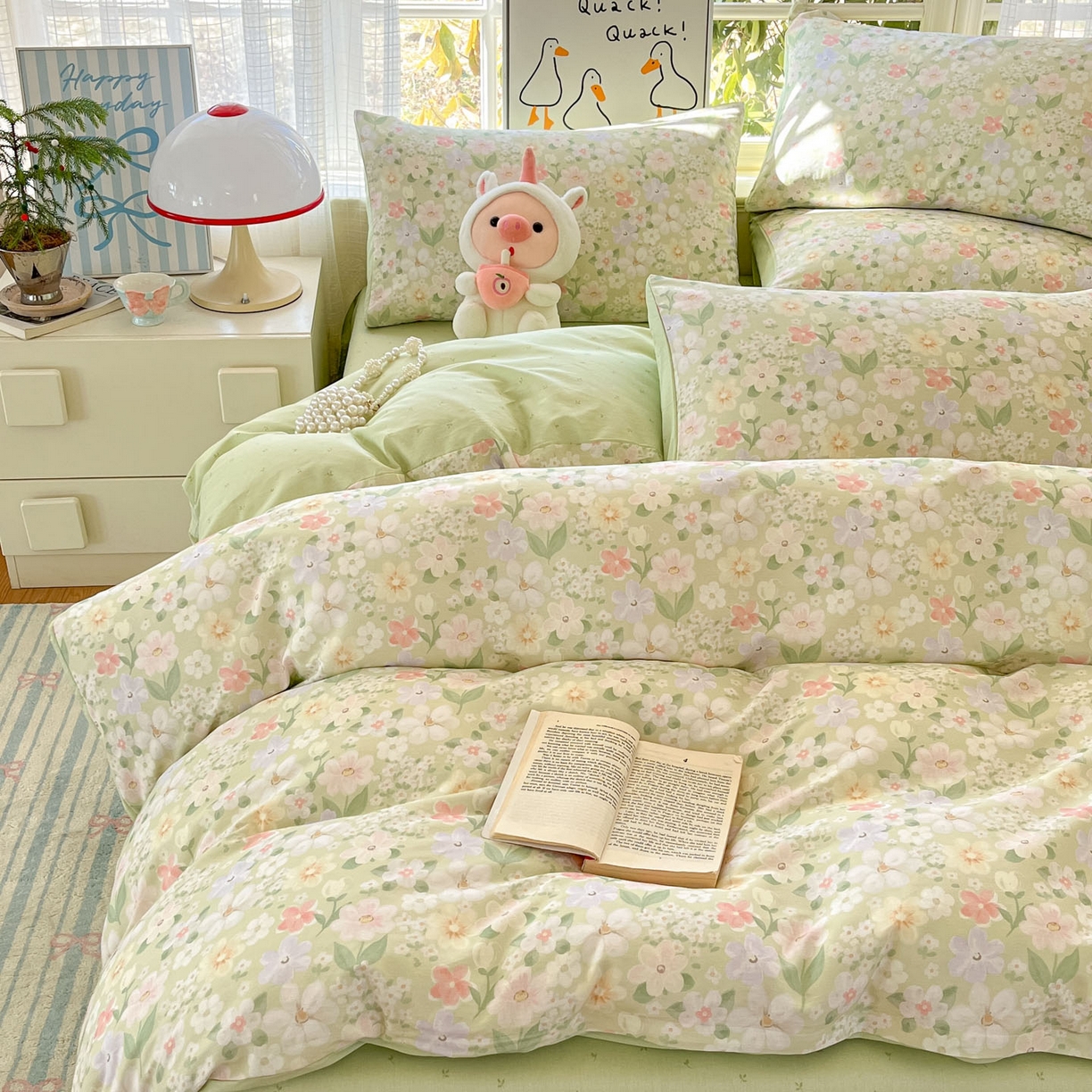 91家纺网 家纺一手货源 找家纺 睡美美家纺 2026新款全棉纯棉斜纹印花喷气小清新四季款学生三件套四件套 绿意