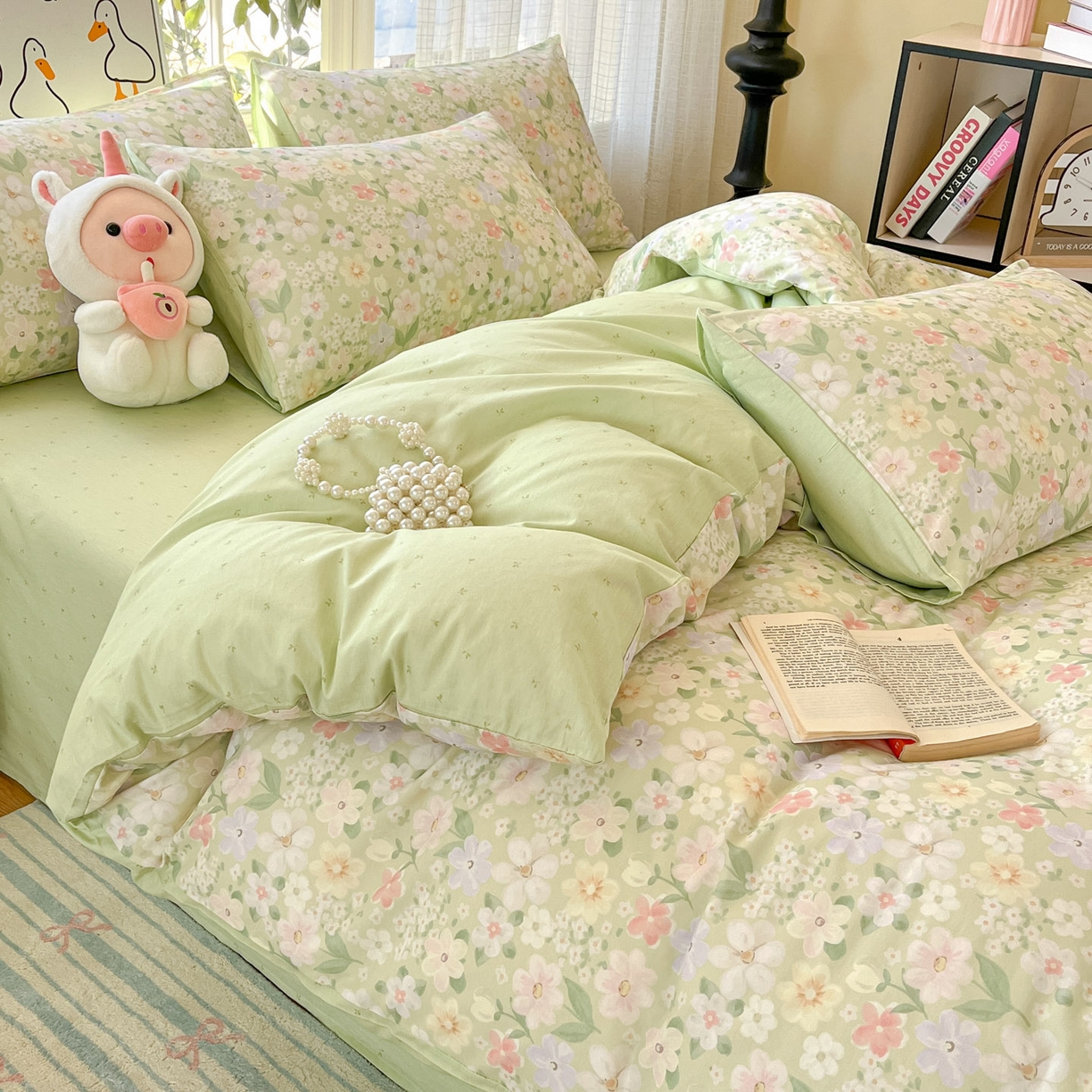 91家纺网 家纺一手货源 找家纺 睡美美家纺 2026新款全棉纯棉斜纹印花喷气小清新四季款学生三件套四件套 绿意