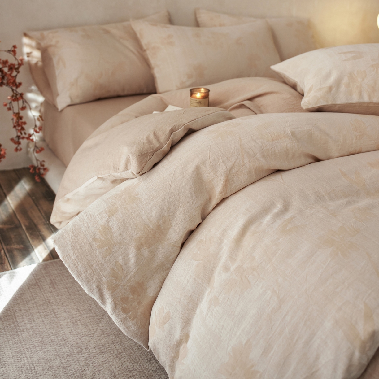 91家纺网 家纺一手货源 找家纺 如一 2026新款色织提花全棉水洗棉四件套第一批 兰序-咖