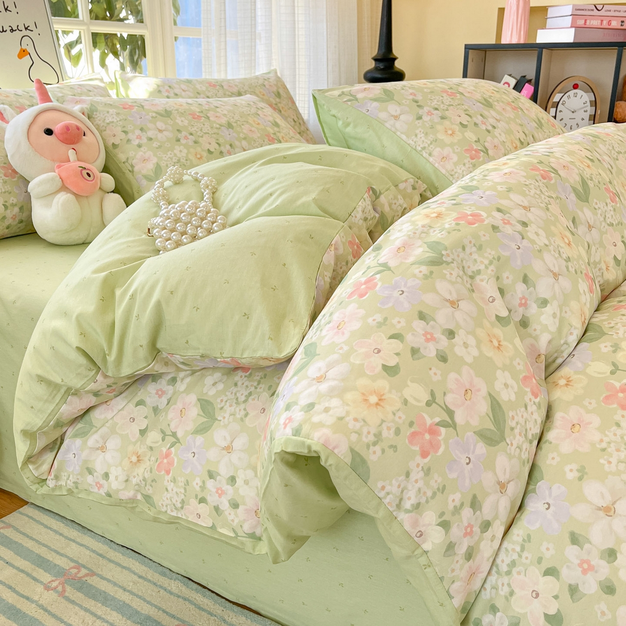 91家纺网 家纺一手货源 找家纺 睡美美家纺 2026新款全棉纯棉斜纹印花喷气小清新四季款学生三件套四件套 绿意