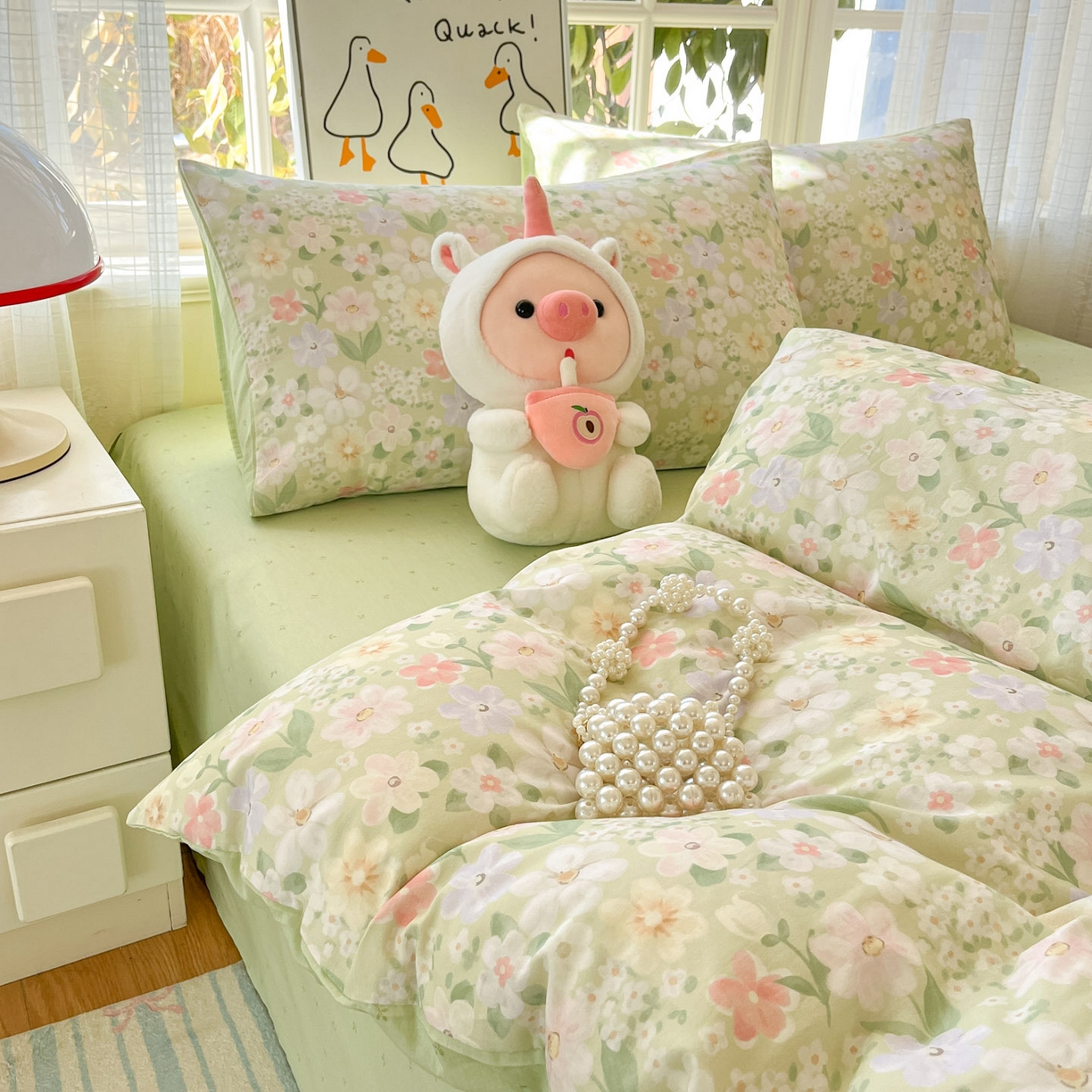 91家纺网 家纺一手货源 找家纺 睡美美家纺 2026新款全棉纯棉斜纹印花喷气小清新四季款学生三件套四件套 绿意