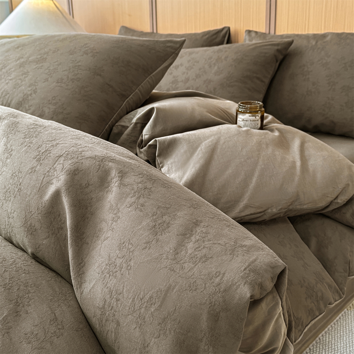 灰鲸 2026新款全棉纯棉三层纱色织提花四件套 花影-摩卡