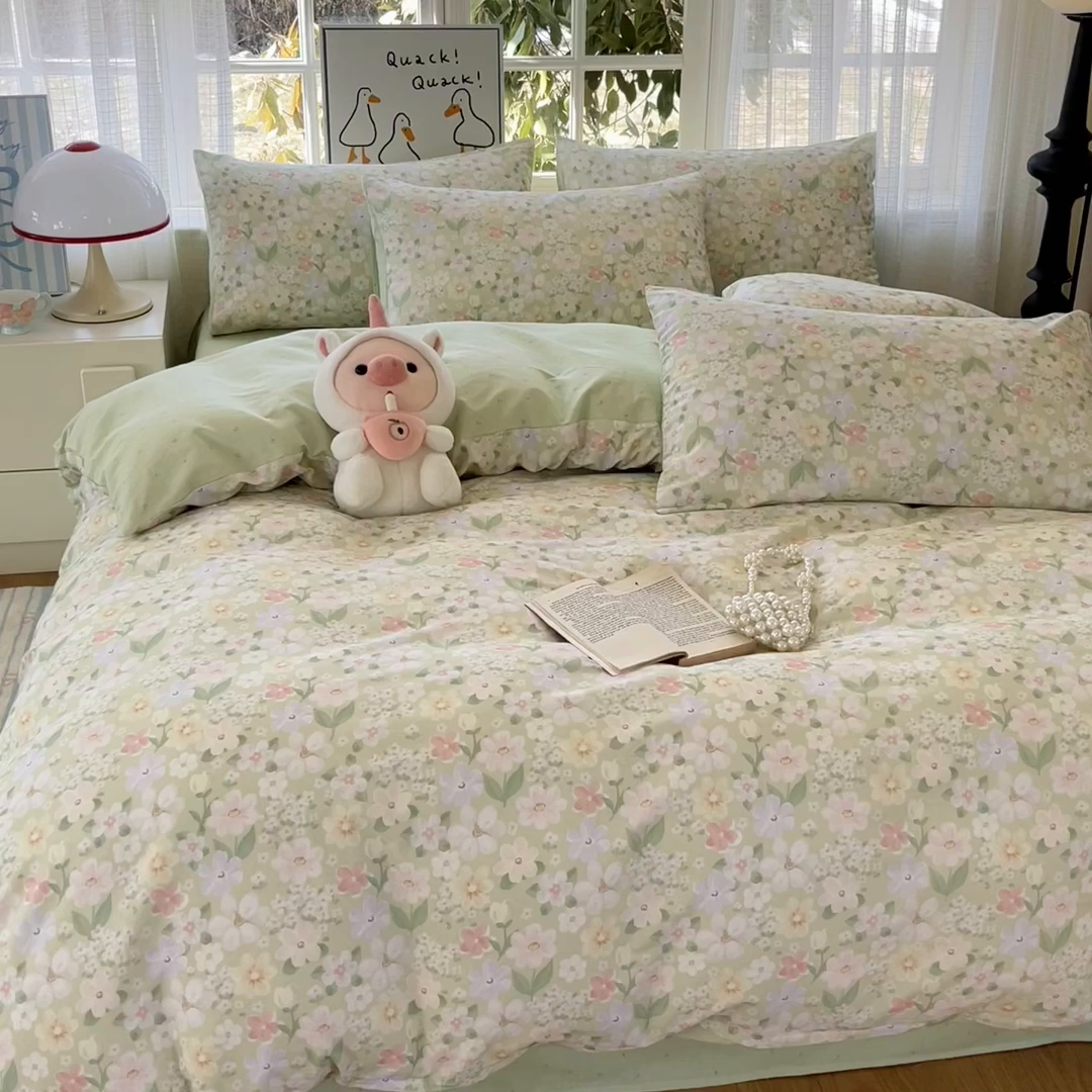 91家纺网 家纺一手货源 找家纺 睡美美家纺 2026新款全棉纯棉斜纹印花喷气小清新四季款学生三件套四件套 绿意