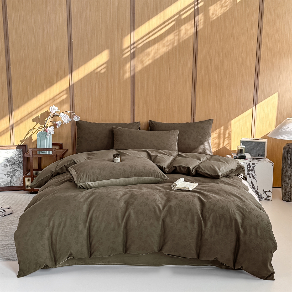 91家纺网 家纺一手货源 找家纺 灰鲸 2026新款全棉纯棉三层纱色织提花四件套 花影-摩卡