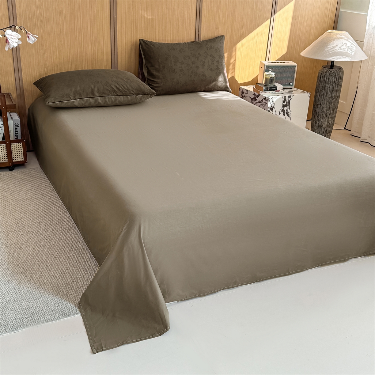 91家纺网 家纺一手货源 找家纺 灰鲸 2026新款全棉纯棉三层纱色织提花四件套 花影-摩卡