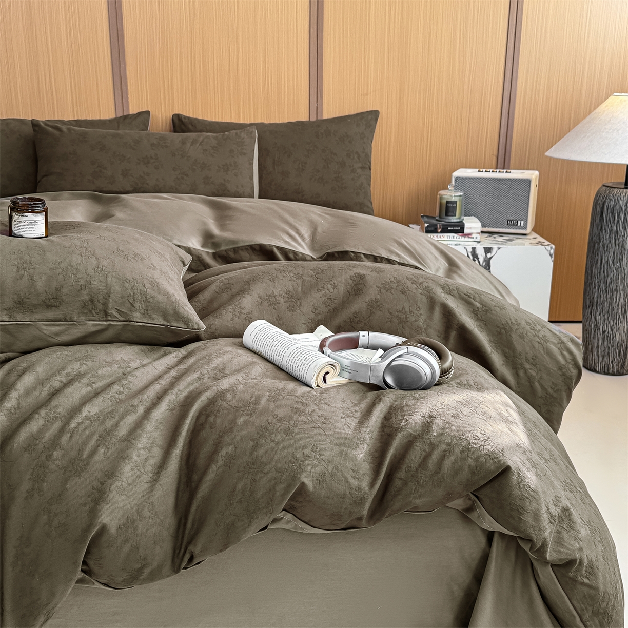 91家纺网 家纺一手货源 找家纺 灰鲸 2026新款全棉纯棉三层纱色织提花四件套 花影-摩卡