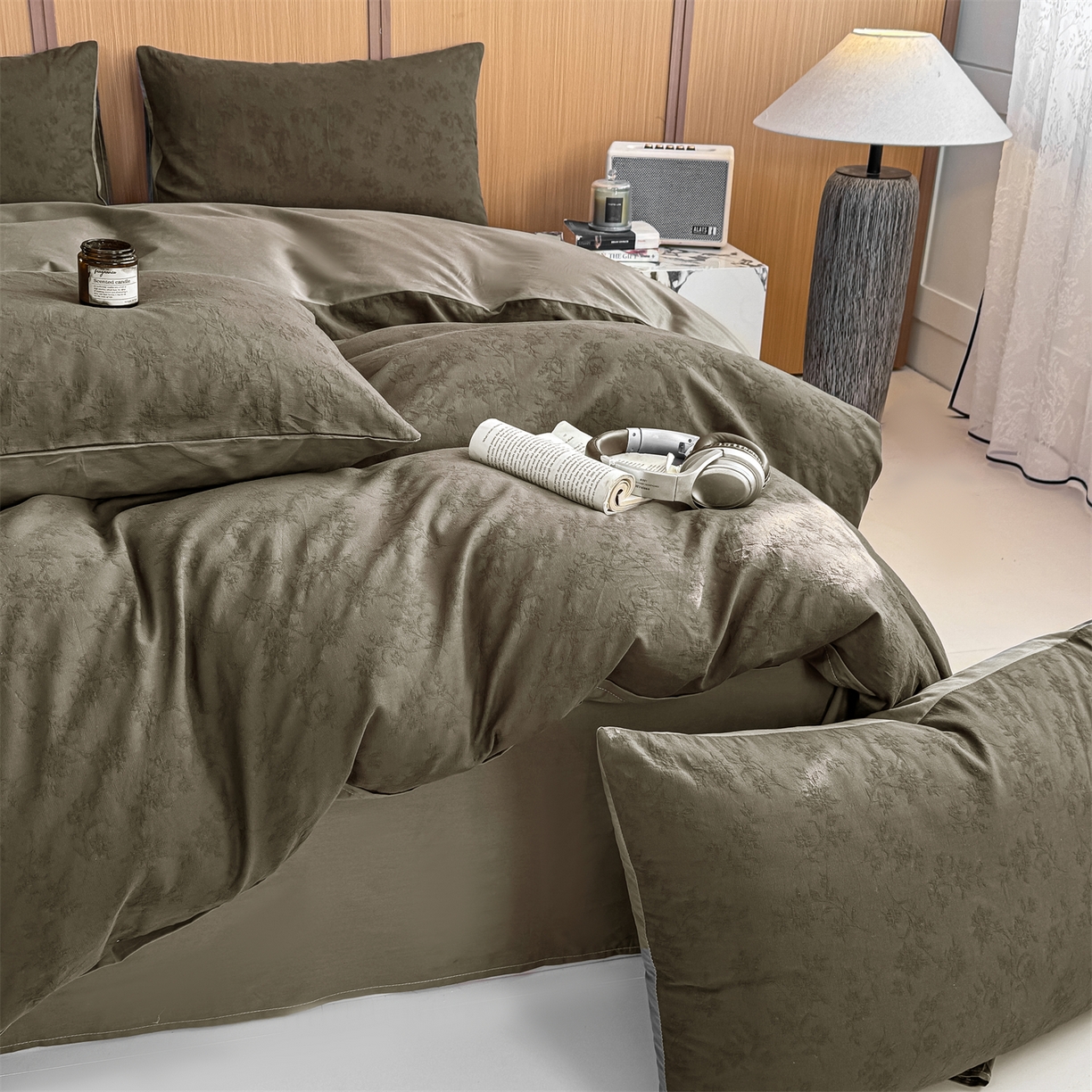 91家纺网 家纺一手货源 找家纺 灰鲸 2026新款全棉纯棉三层纱色织提花四件套 花影-摩卡