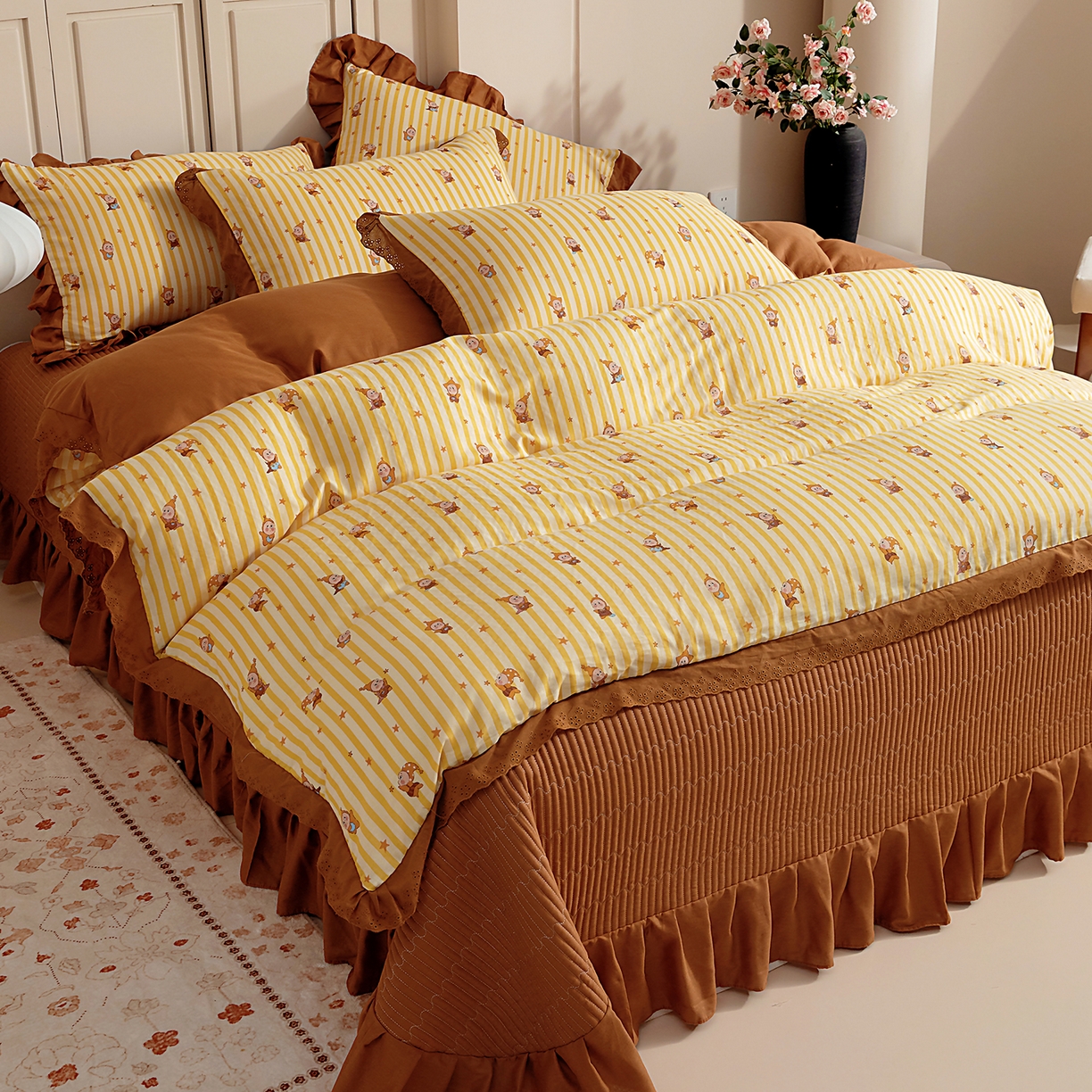 91家纺网 家纺一手货源 找家纺 情煊家纺 2026新款全棉双层纱花边款绣花款单被套 绣花款-星星人