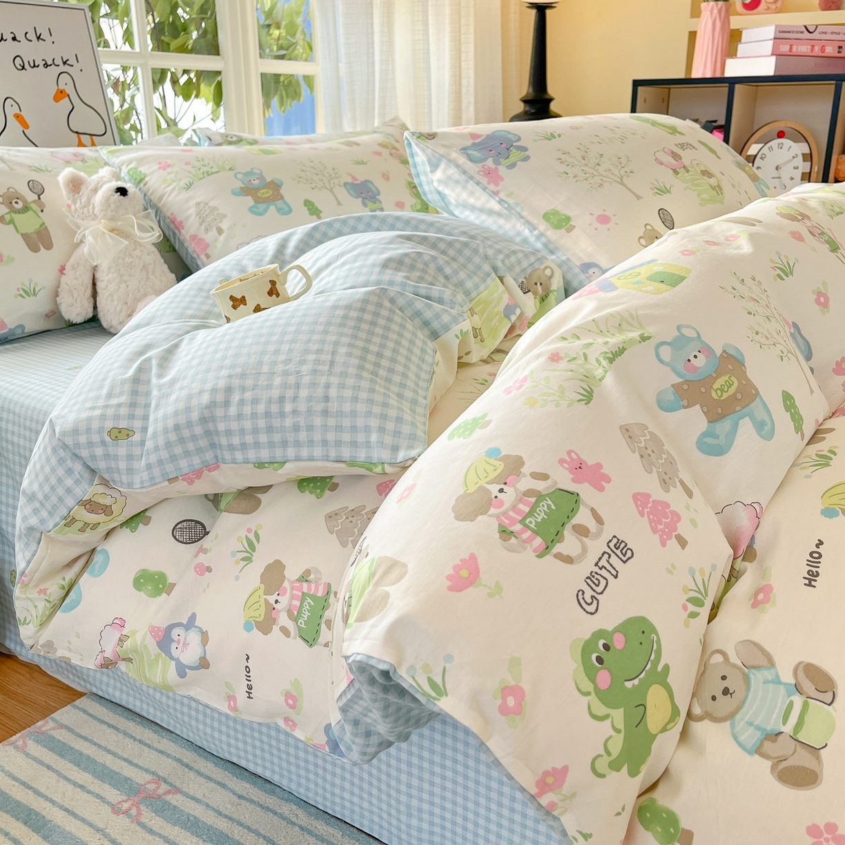 睡美美家纺 2026新款全棉纯棉斜纹印花喷气小清新四季款学生三件套四件套 妙趣乐园