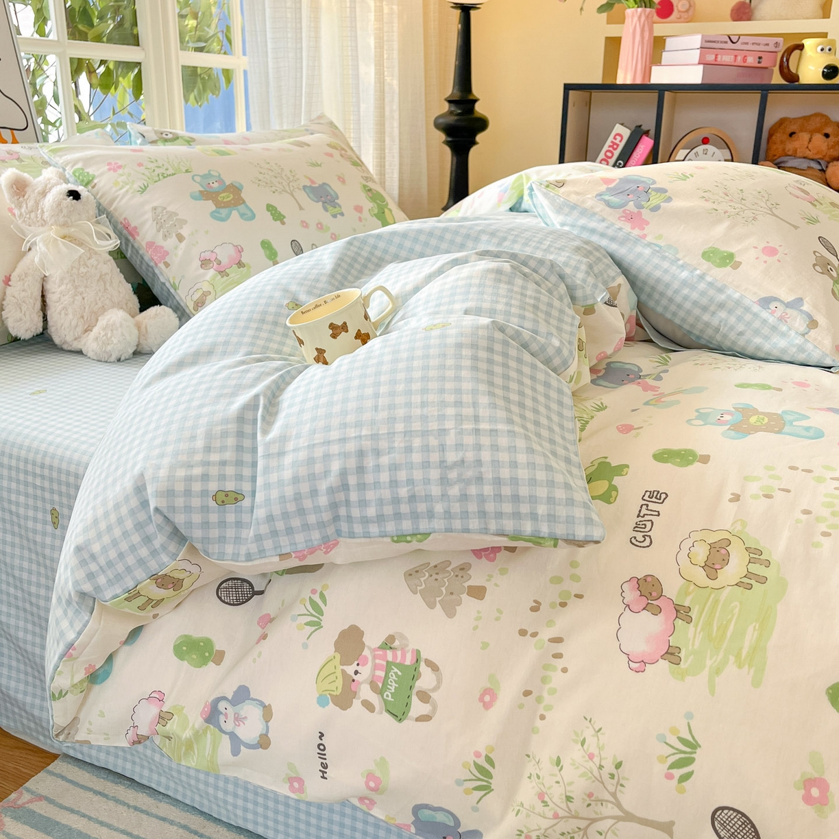 91家纺网 家纺一手货源 找家纺 睡美美家纺 2026新款全棉纯棉斜纹印花喷气小清新四季款学生三件套四件套 妙趣乐园