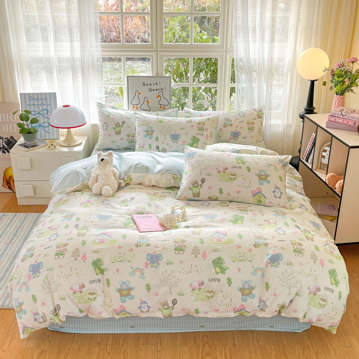 91家纺网 家纺一手货源 找家纺 睡美美家纺 2026新款全棉纯棉斜纹印花喷气小清新四季款学生三件套四件套 妙趣乐园