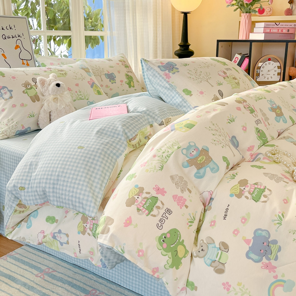 91家纺网 家纺一手货源 找家纺 睡美美家纺 2026新款全棉纯棉斜纹印花喷气小清新四季款学生三件套四件套 妙趣乐园