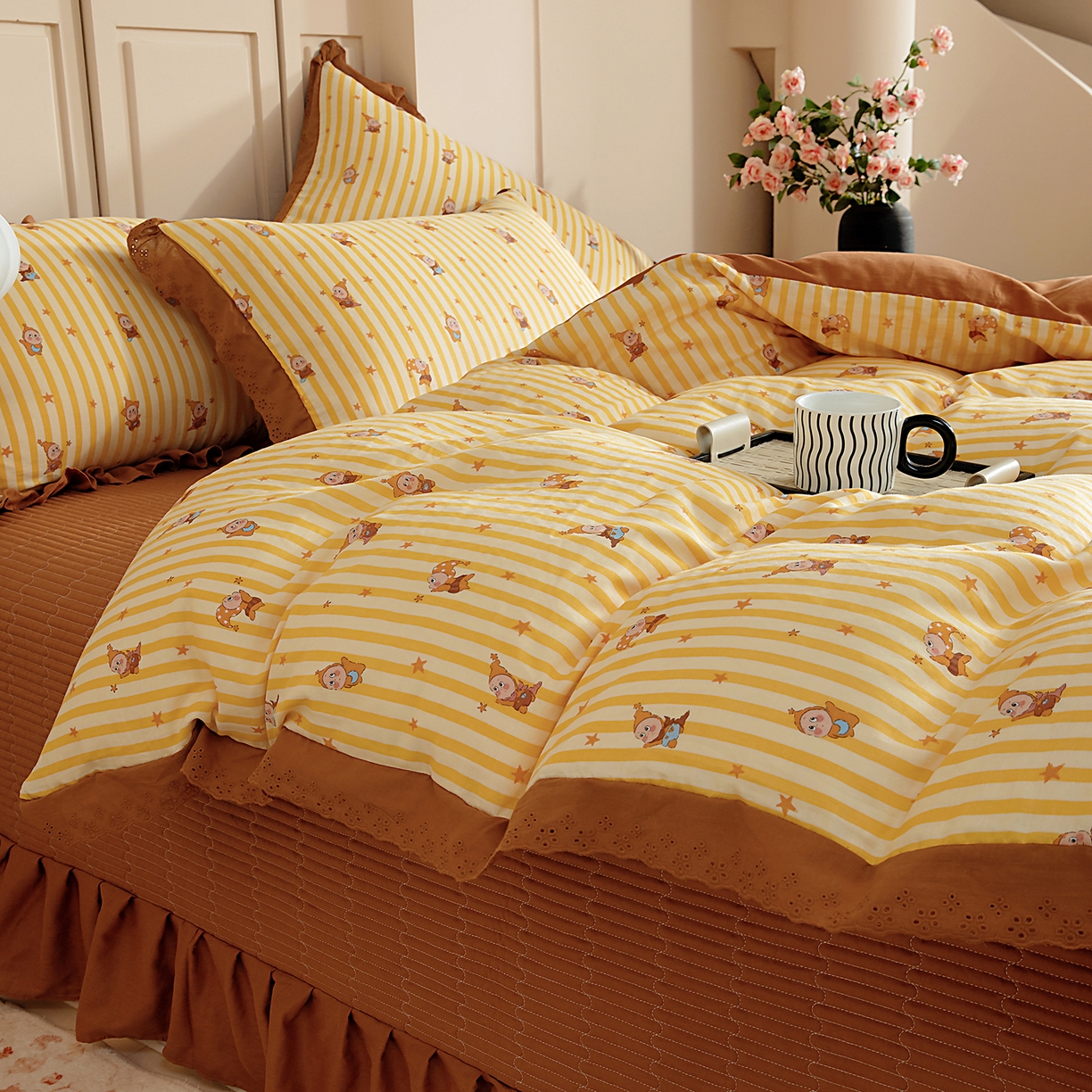 91家纺网 家纺一手货源 找家纺 情煊家纺 2026新款全棉双层纱花边款绣花款单被套 绣花款-星星人