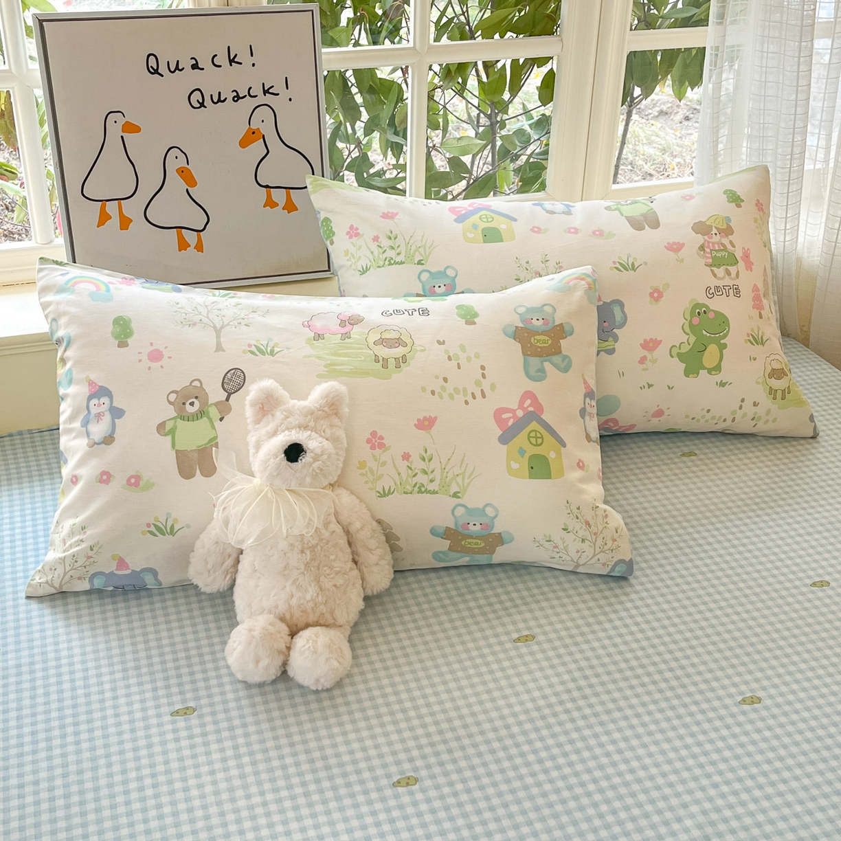 91家纺网 家纺一手货源 找家纺 睡美美家纺 2026新款全棉纯棉斜纹印花喷气小清新四季款学生三件套四件套 妙趣乐园