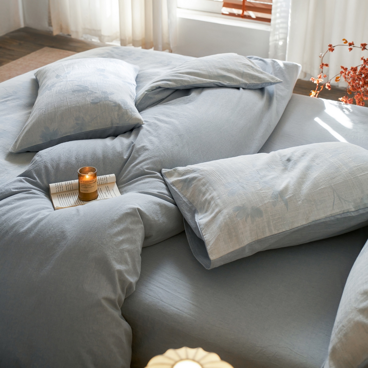 91家纺网 家纺一手货源 找家纺 如一 2026新款色织提花全棉水洗棉四件套第一批 兰序-蓝