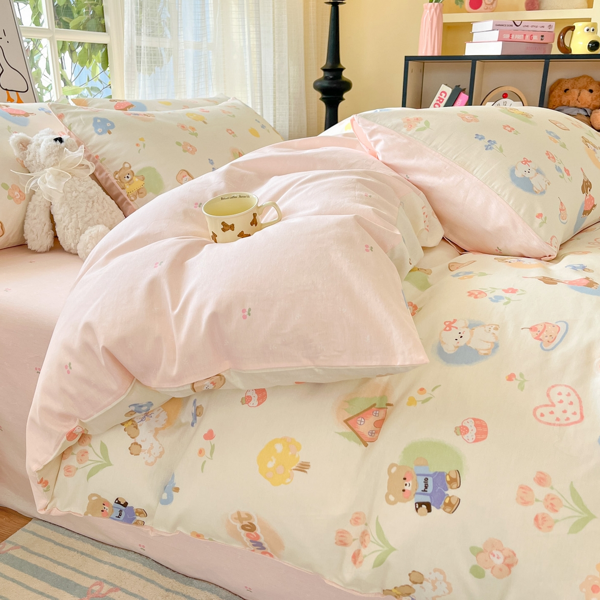 91家纺网 家纺一手货源 找家纺 睡美美家纺 2026新款全棉纯棉斜纹印花喷气小清新四季款学生三件套四件套 奶糕世界