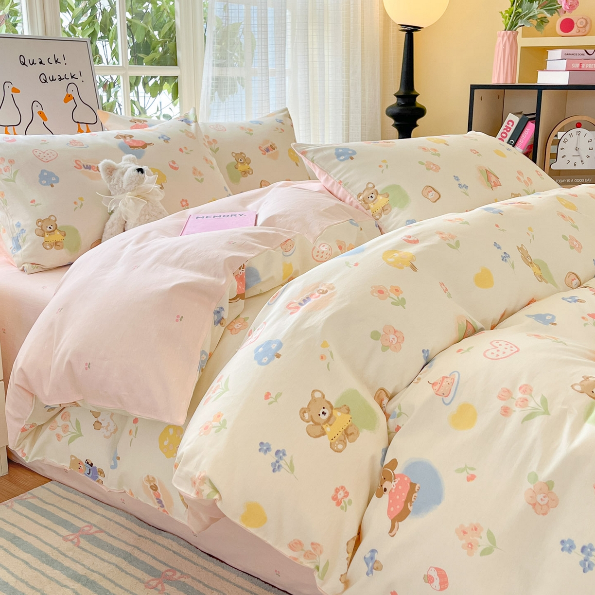 91家纺网 家纺一手货源 找家纺 睡美美家纺 2026新款全棉纯棉斜纹印花喷气小清新四季款学生三件套四件套 奶糕世界