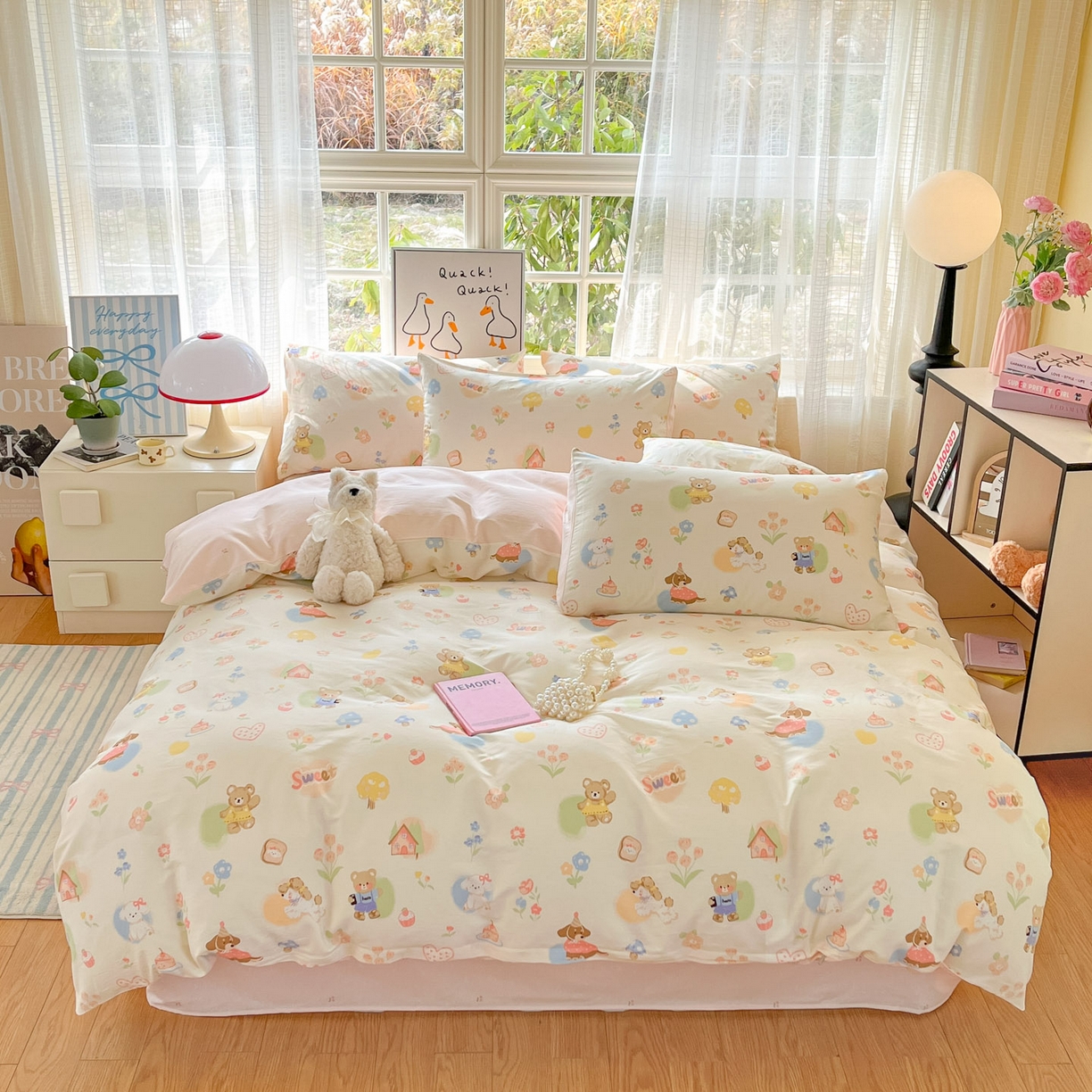 91家纺网 家纺一手货源 找家纺 睡美美家纺 2026新款全棉纯棉斜纹印花喷气小清新四季款学生三件套四件套 奶糕世界