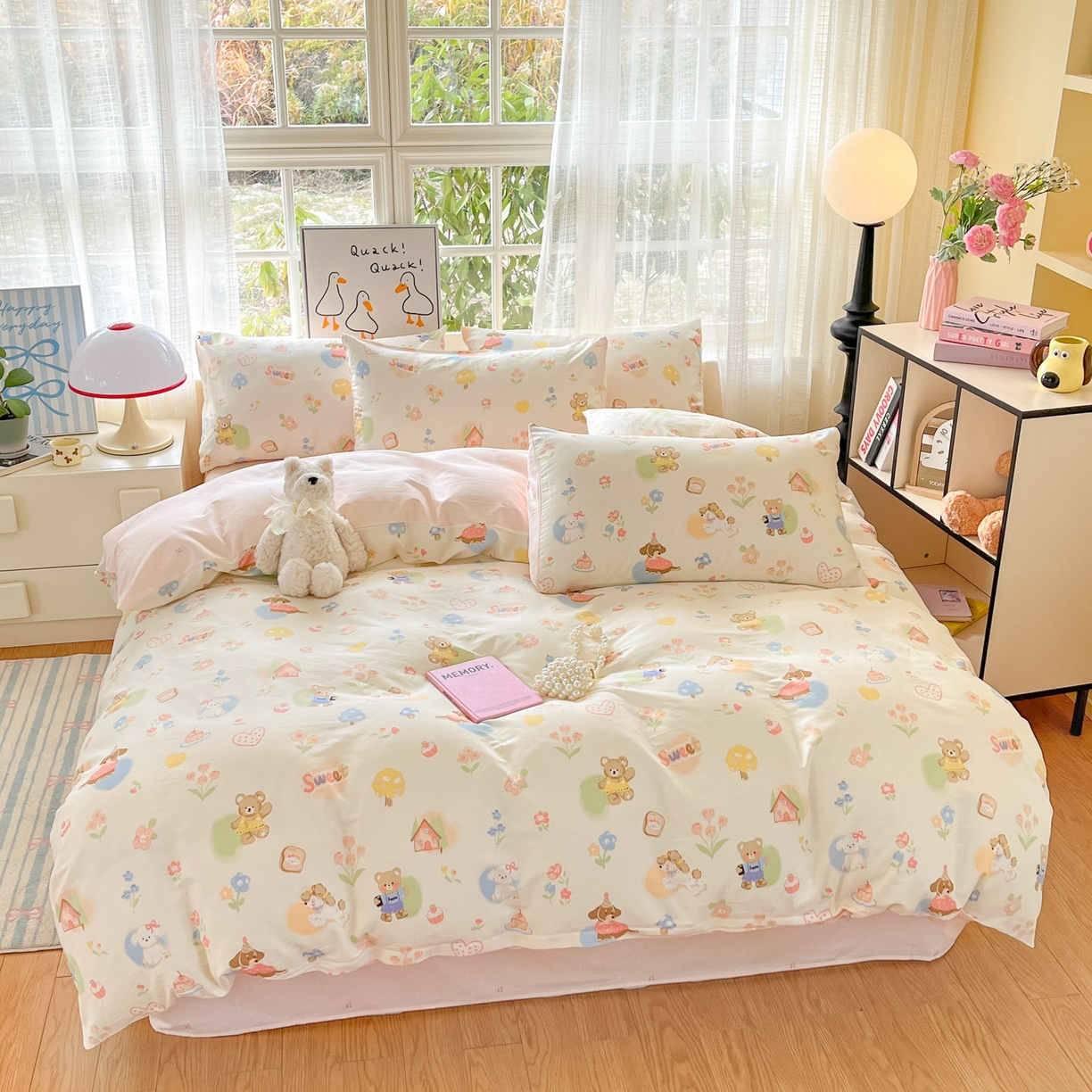 91家纺网 家纺一手货源 找家纺 睡美美家纺 2026新款全棉纯棉斜纹印花喷气小清新四季款学生三件套四件套 奶糕世界