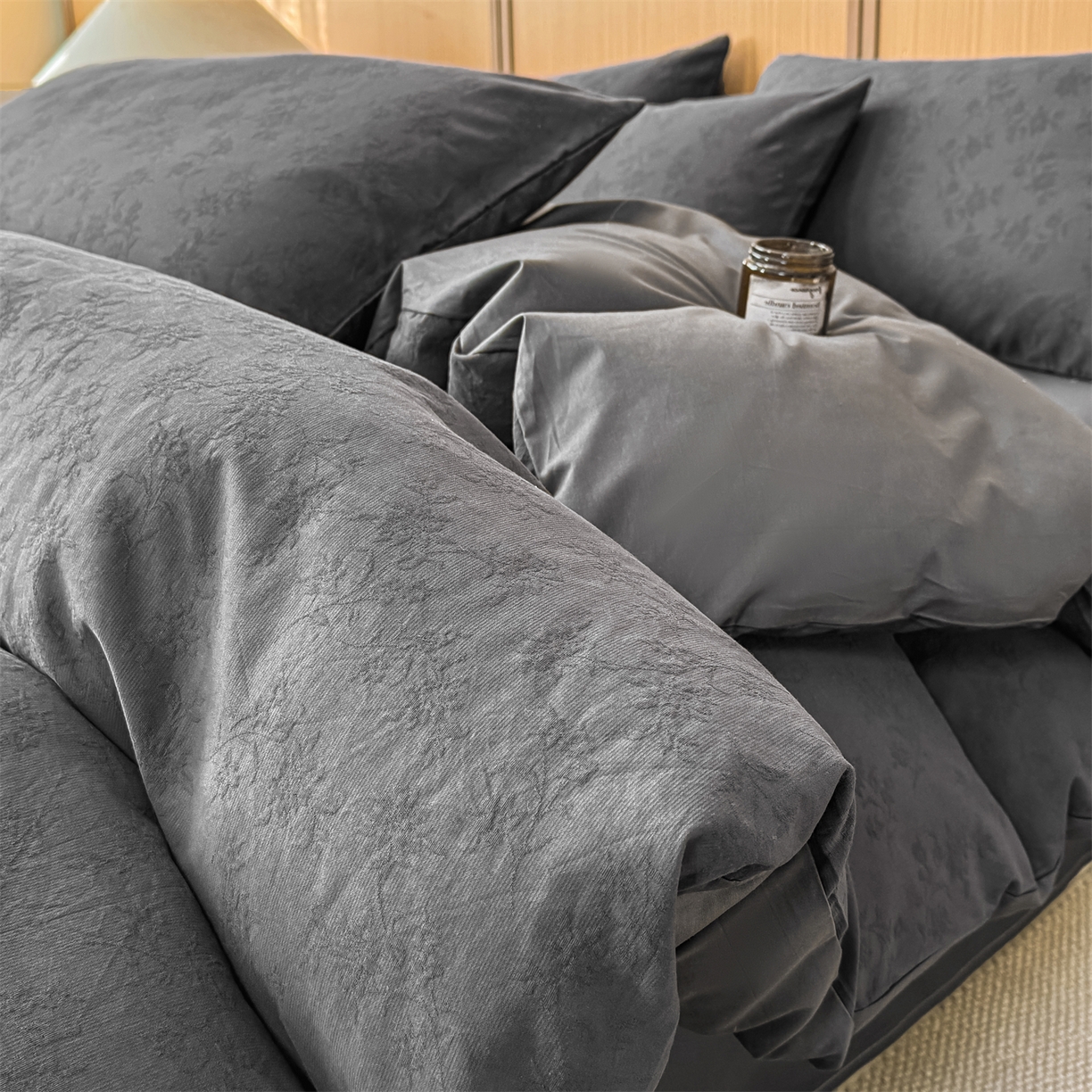 灰鲸 2026新款全棉纯棉三层纱色织提花四件套 花影-素墨