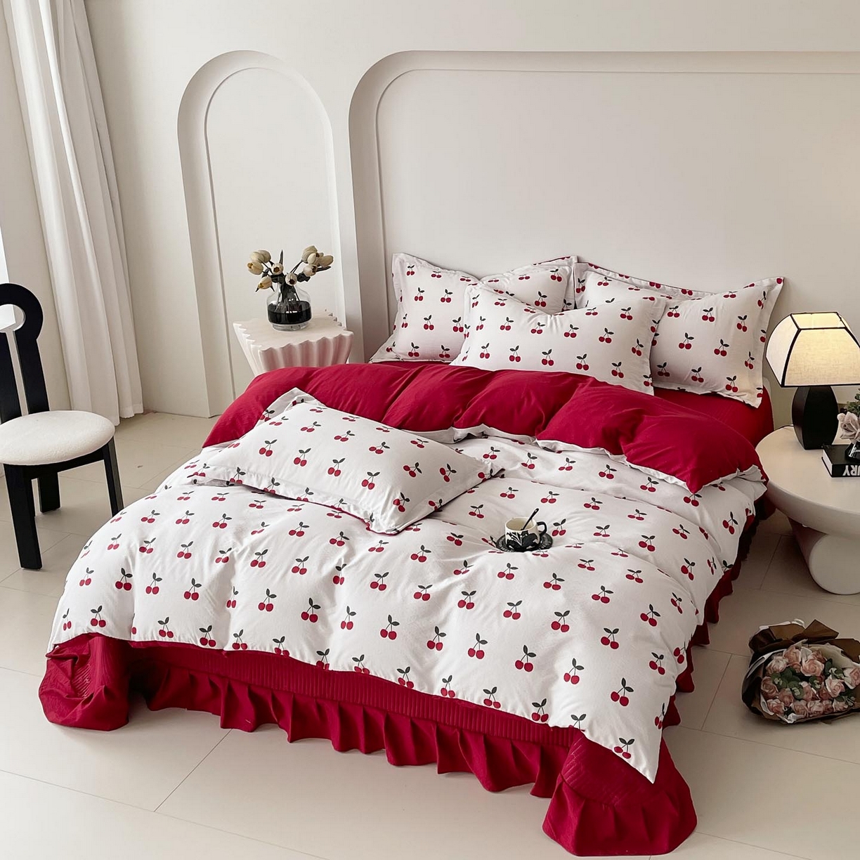 91家纺网 家纺一手货源 找家纺 锦彩家居 2026新款皱皱水洗棉夏被床盖四件套 樱桃蜜语