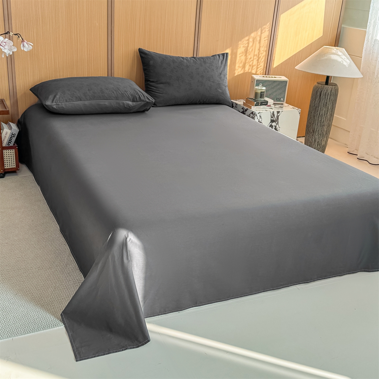 91家纺网 家纺一手货源 找家纺 灰鲸 2026新款全棉纯棉三层纱色织提花四件套 花影-素墨