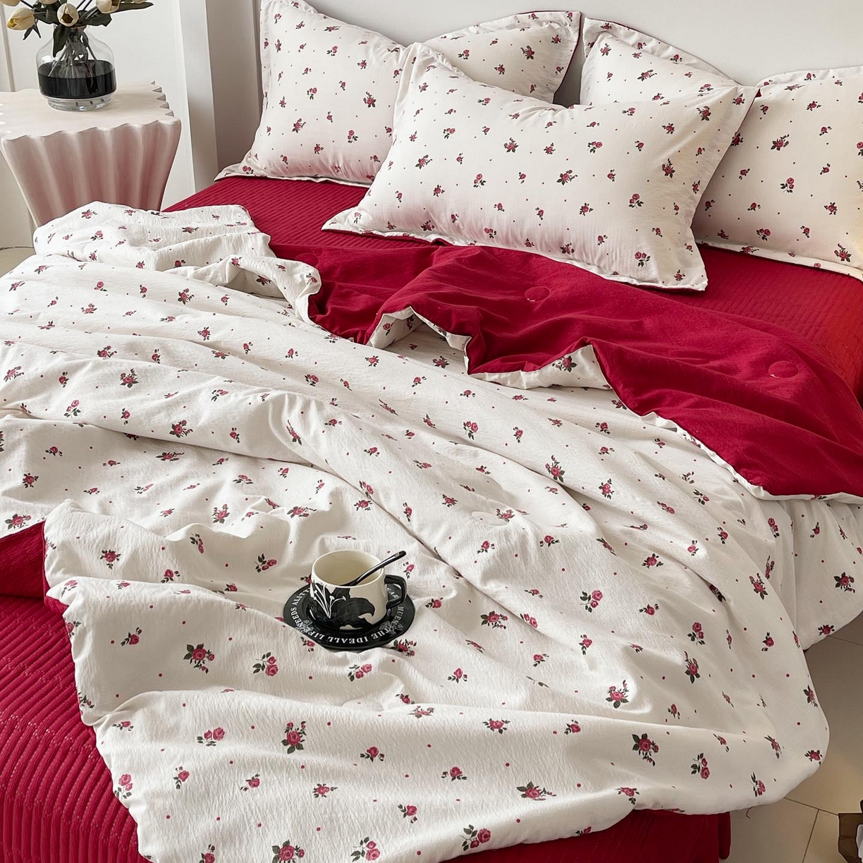 91家纺网 家纺一手货源 找家纺 锦彩家居 2026新款皱皱水洗棉夏被床盖四件套 玫瑰园