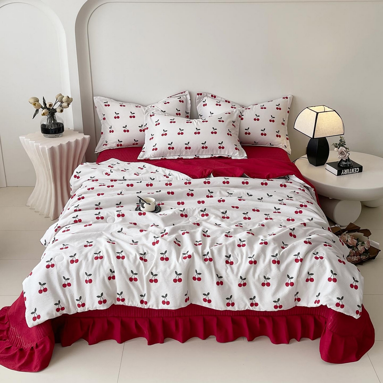 锦彩家居 2026新款皱皱水洗棉夏被床盖四件套 樱桃蜜语