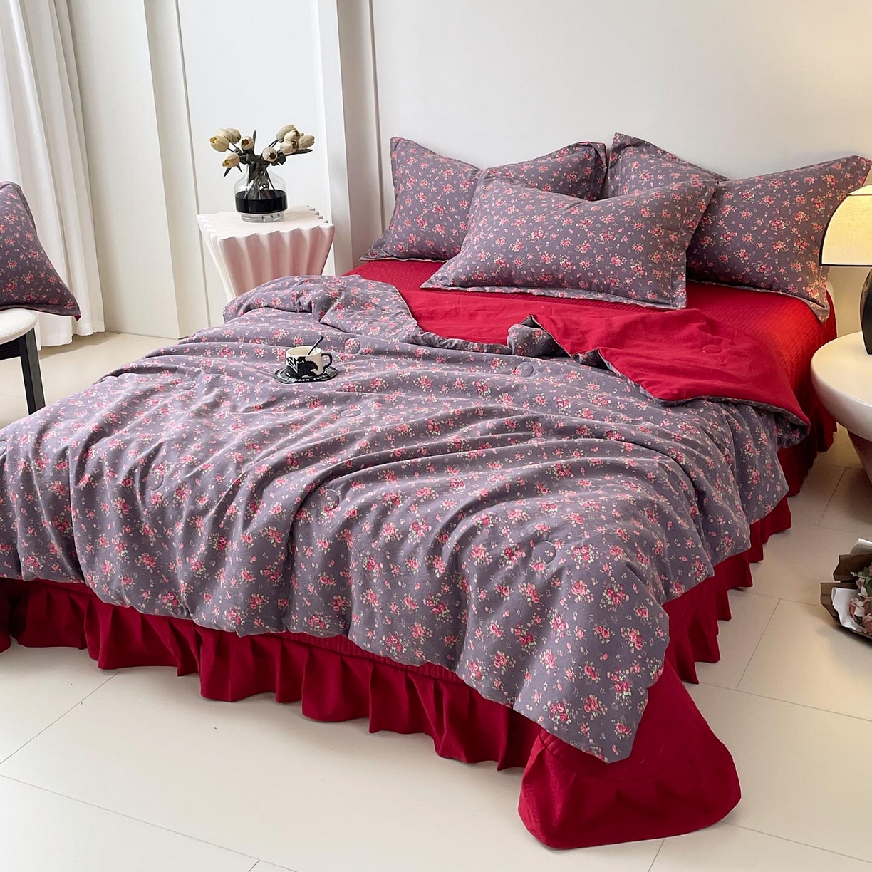 91家纺网 家纺一手货源 找家纺 锦彩家居 2026新款皱皱水洗棉夏被床盖四件套 繁花