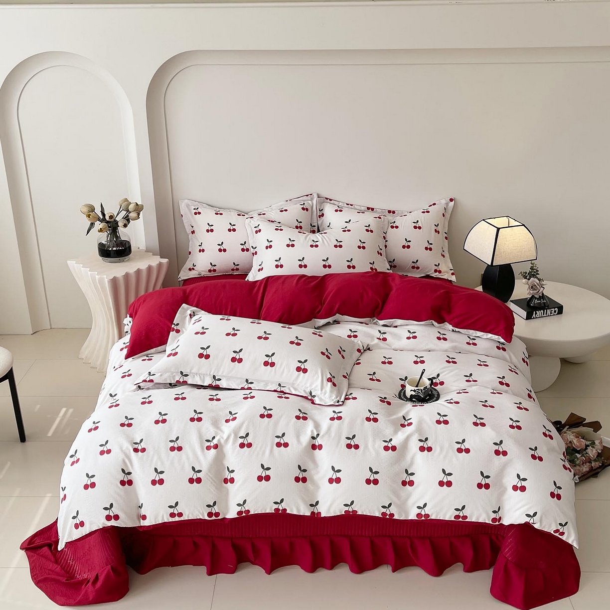 91家纺网 家纺一手货源 找家纺 锦彩家居 2026新款皱皱水洗棉夏被床盖四件套 樱桃蜜语