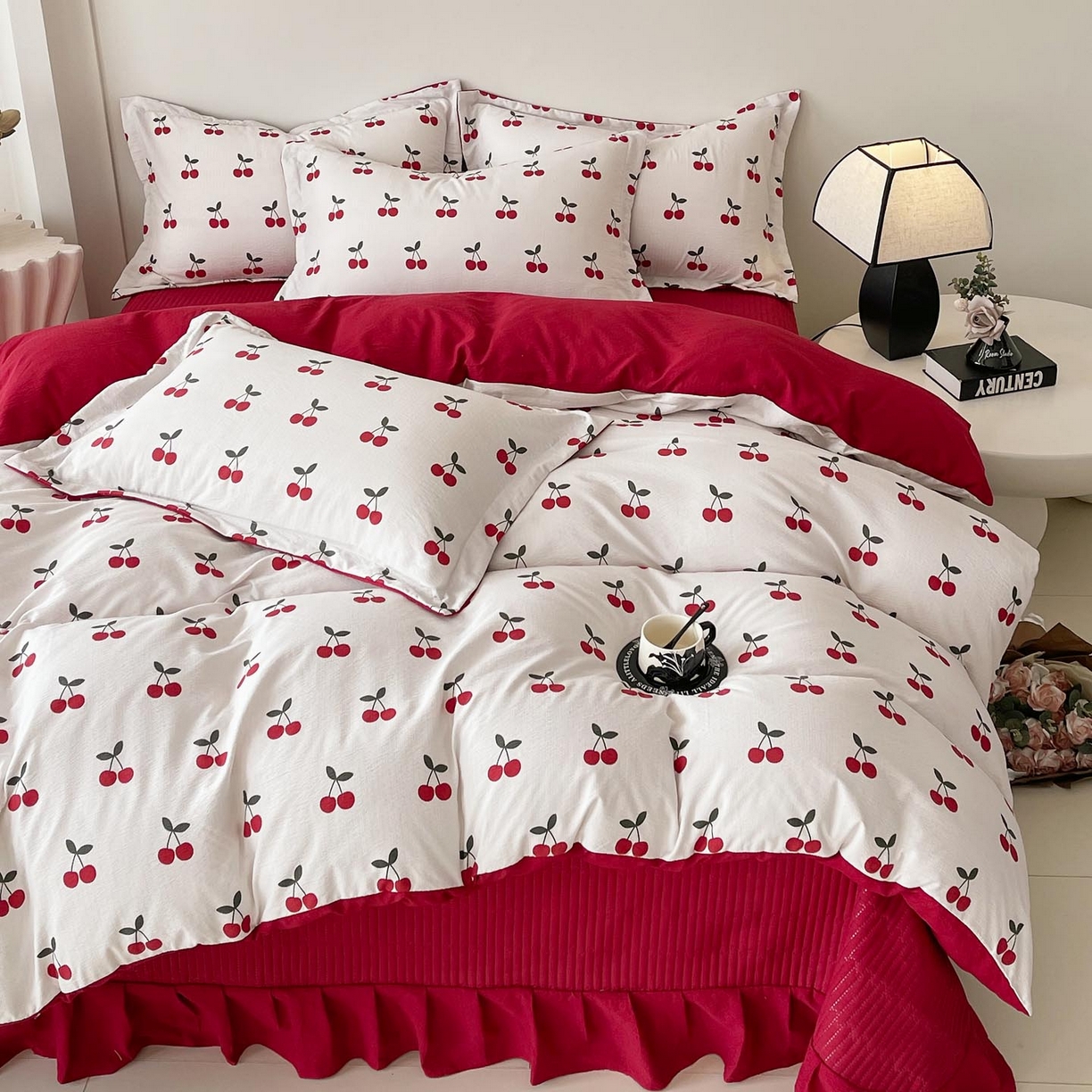 91家纺网 家纺一手货源 找家纺 锦彩家居 2026新款皱皱水洗棉夏被床盖四件套 樱桃蜜语