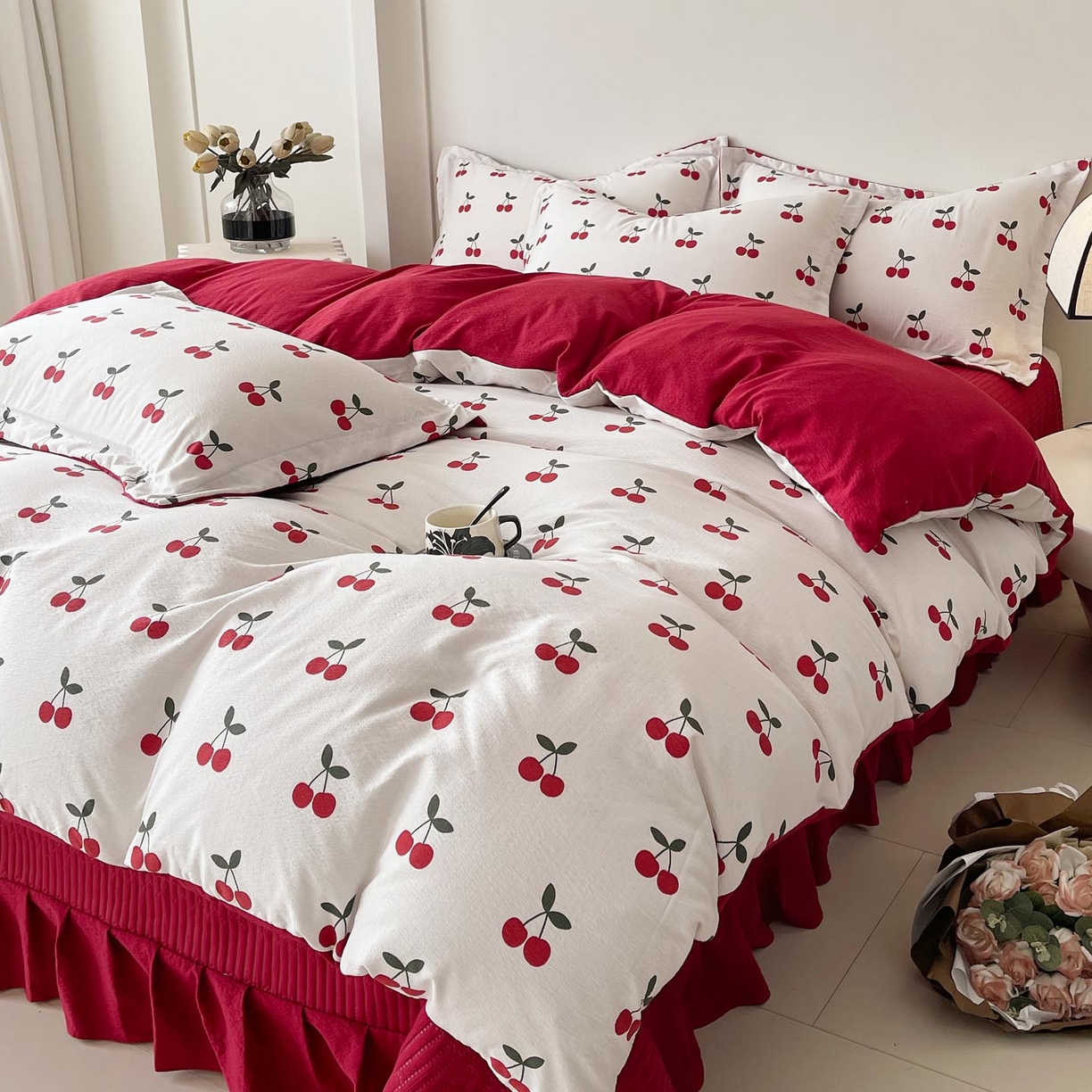 91家纺网 家纺一手货源 找家纺 锦彩家居 2026新款皱皱水洗棉夏被床盖四件套 樱桃蜜语