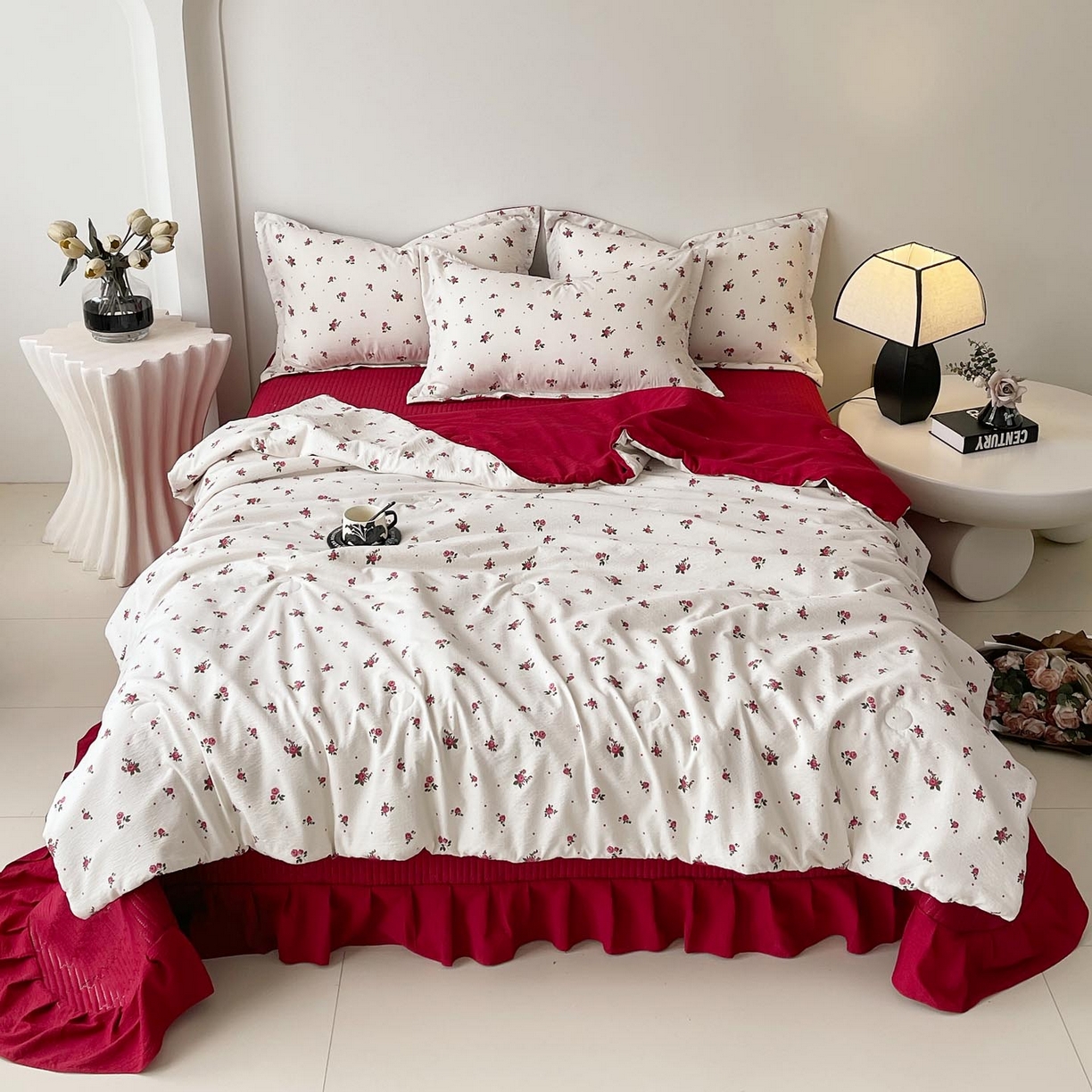 锦彩家居 2026新款皱皱水洗棉夏被床盖四件套 玫瑰园