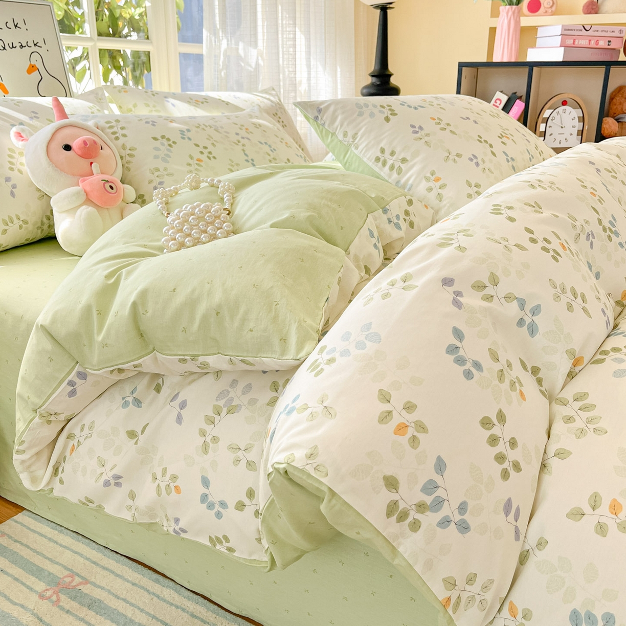 睡美美家纺 2026新款全棉纯棉斜纹印花喷气小清新四季款学生三件套四件套 浅浅叶语