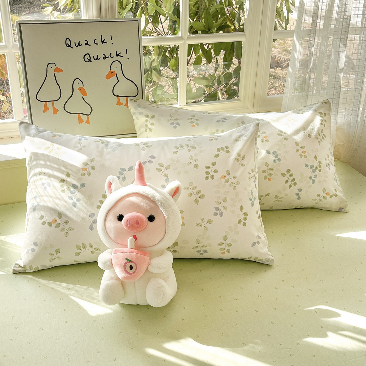 91家纺网 家纺一手货源 找家纺 睡美美家纺 2026新款全棉纯棉斜纹印花喷气小清新四季款学生三件套四件套 浅浅叶语