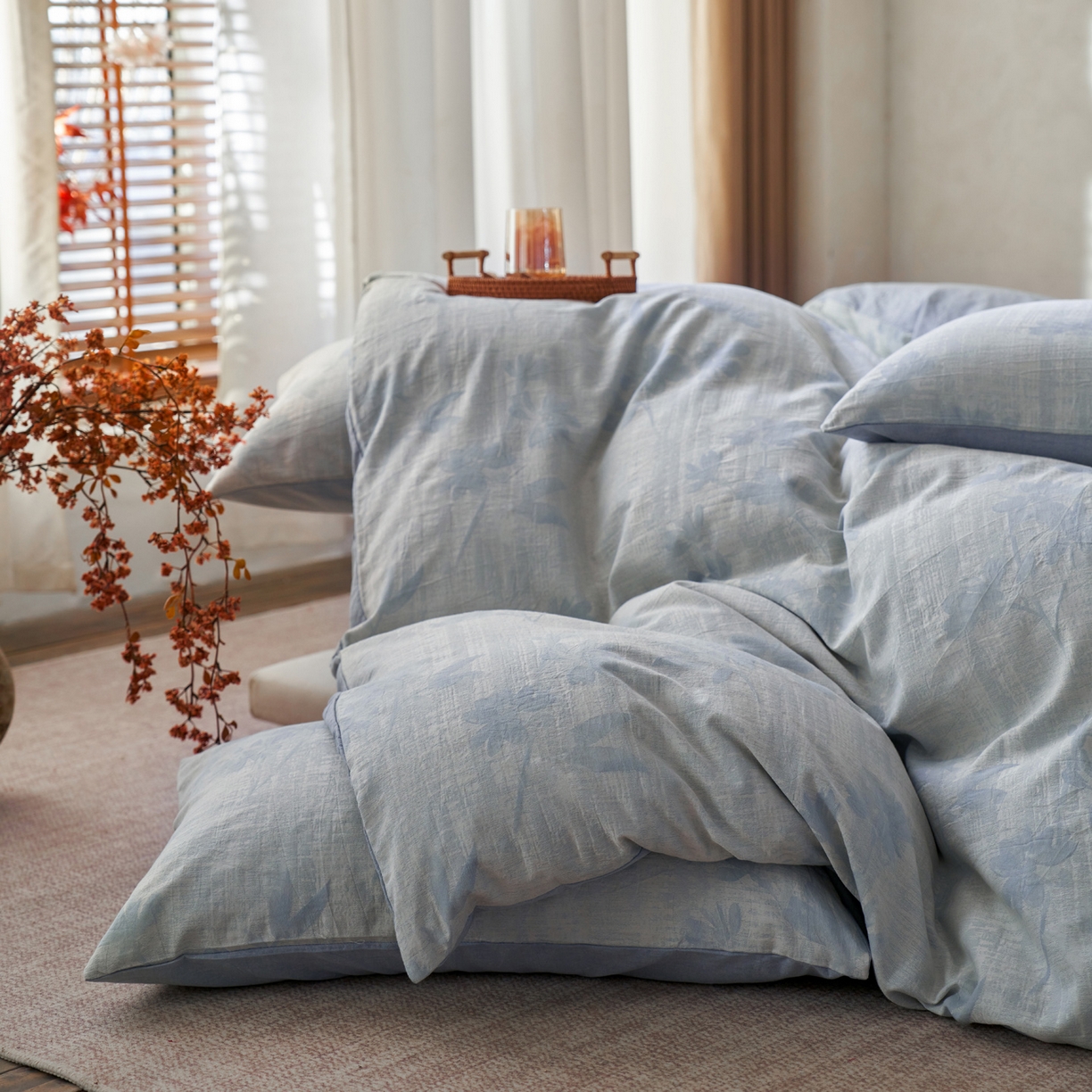 91家纺网 家纺一手货源 找家纺 如一 2026新款色织提花全棉水洗棉四件套第一批 兰序-蓝