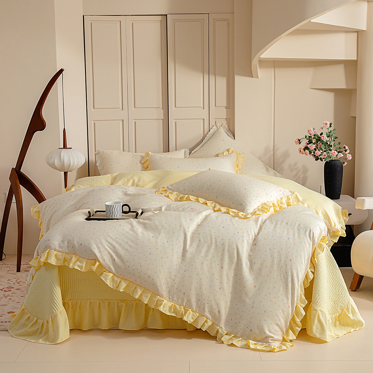 91家纺网 家纺一手货源 找家纺 （总）情煊家纺 2026新款全棉双层纱花边款绣花款四件套