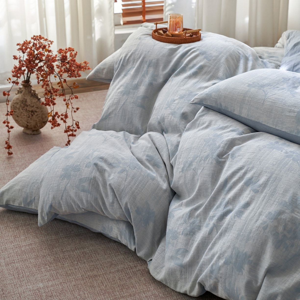 91家纺网 家纺一手货源 找家纺 如一 2026新款色织提花全棉水洗棉四件套第一批 兰序-蓝