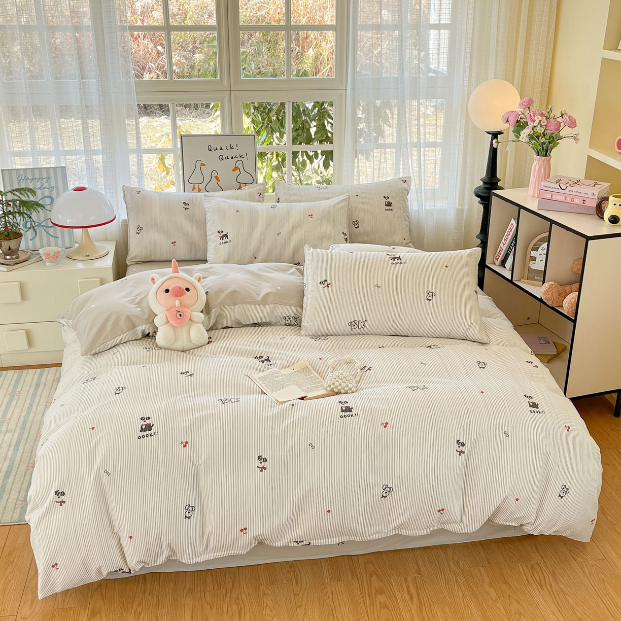 91家纺网 家纺一手货源 找家纺 睡美美家纺 2026新款全棉纯棉斜纹印花喷气小清新四季款学生三件套四件套 趣味萌犬