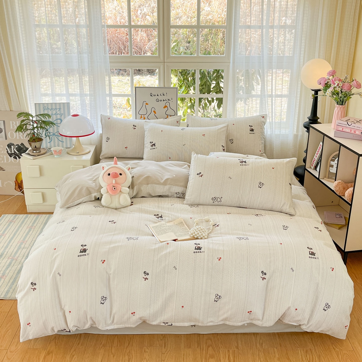 91家纺网 家纺一手货源 找家纺 睡美美家纺 2026新款全棉纯棉斜纹印花喷气小清新四季款学生三件套四件套 趣味萌犬