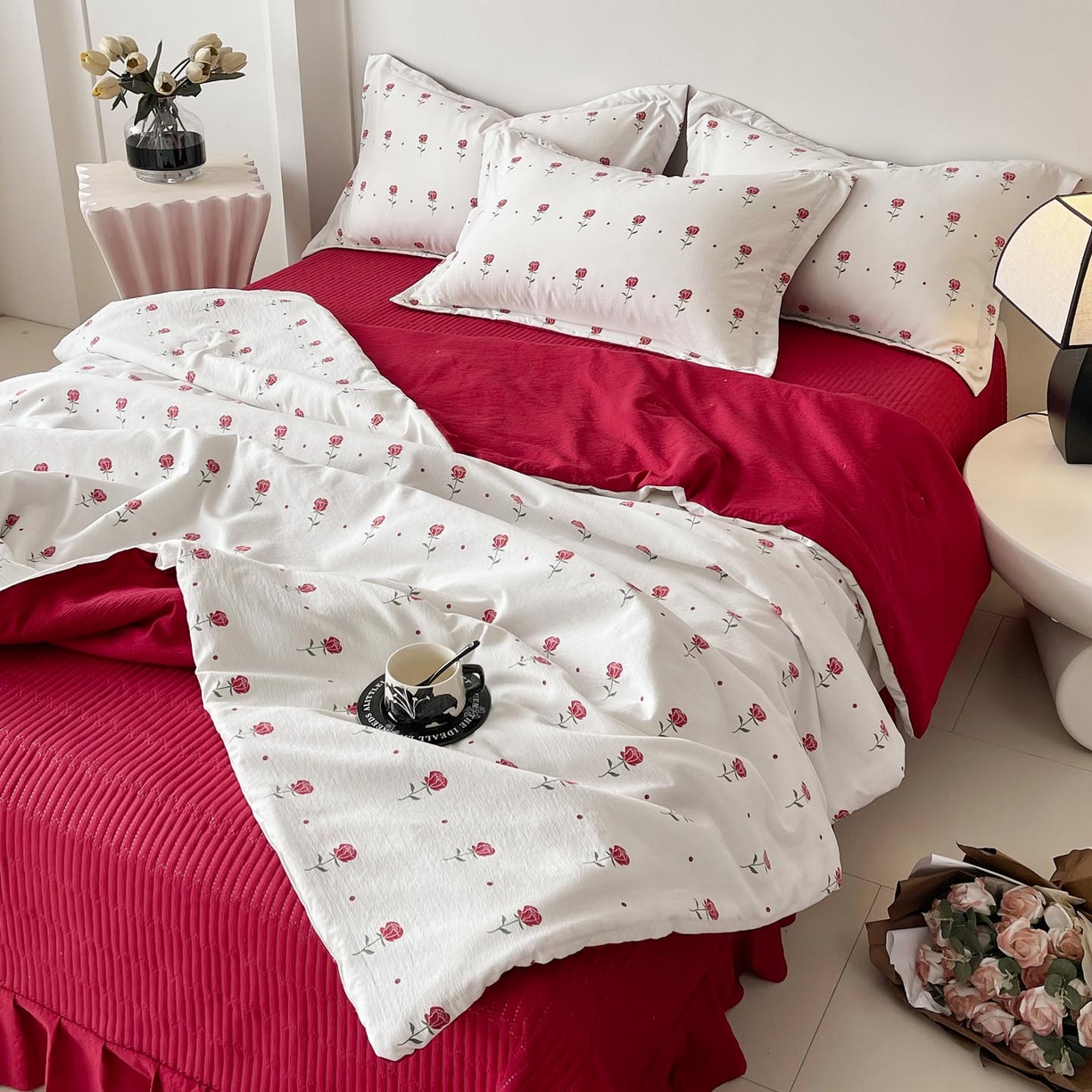 91家纺网 家纺一手货源 找家纺 锦彩家居 2026新款皱皱水洗棉夏被床盖四件套 卡地亚-红