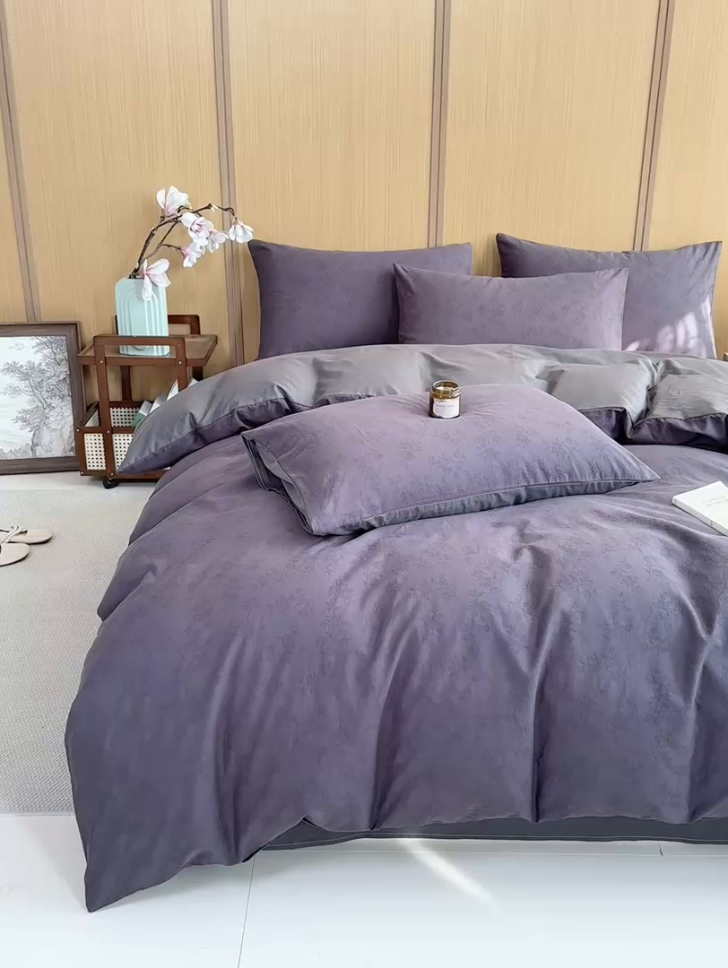 91家纺网 家纺一手货源 找家纺 灰鲸 2026新款全棉纯棉三层纱色织提花四件套 花影-素墨