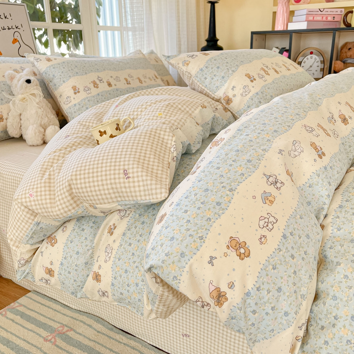 睡美美家纺 2026新款全棉纯棉斜纹印花喷气小清新四季款学生三件套四件套 三小只