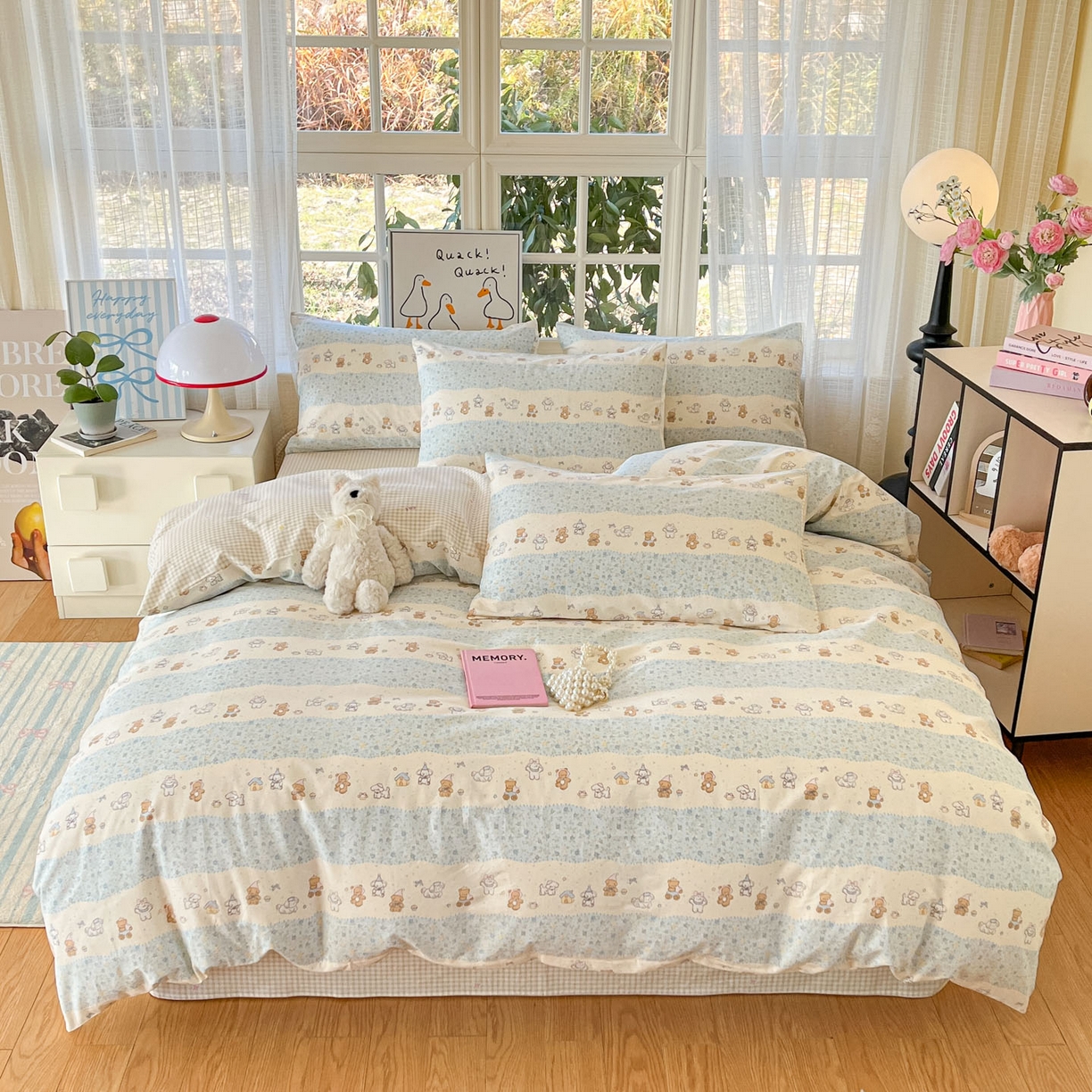 91家纺网 家纺一手货源 找家纺 睡美美家纺 2026新款全棉纯棉斜纹印花喷气小清新四季款学生三件套四件套 三小只