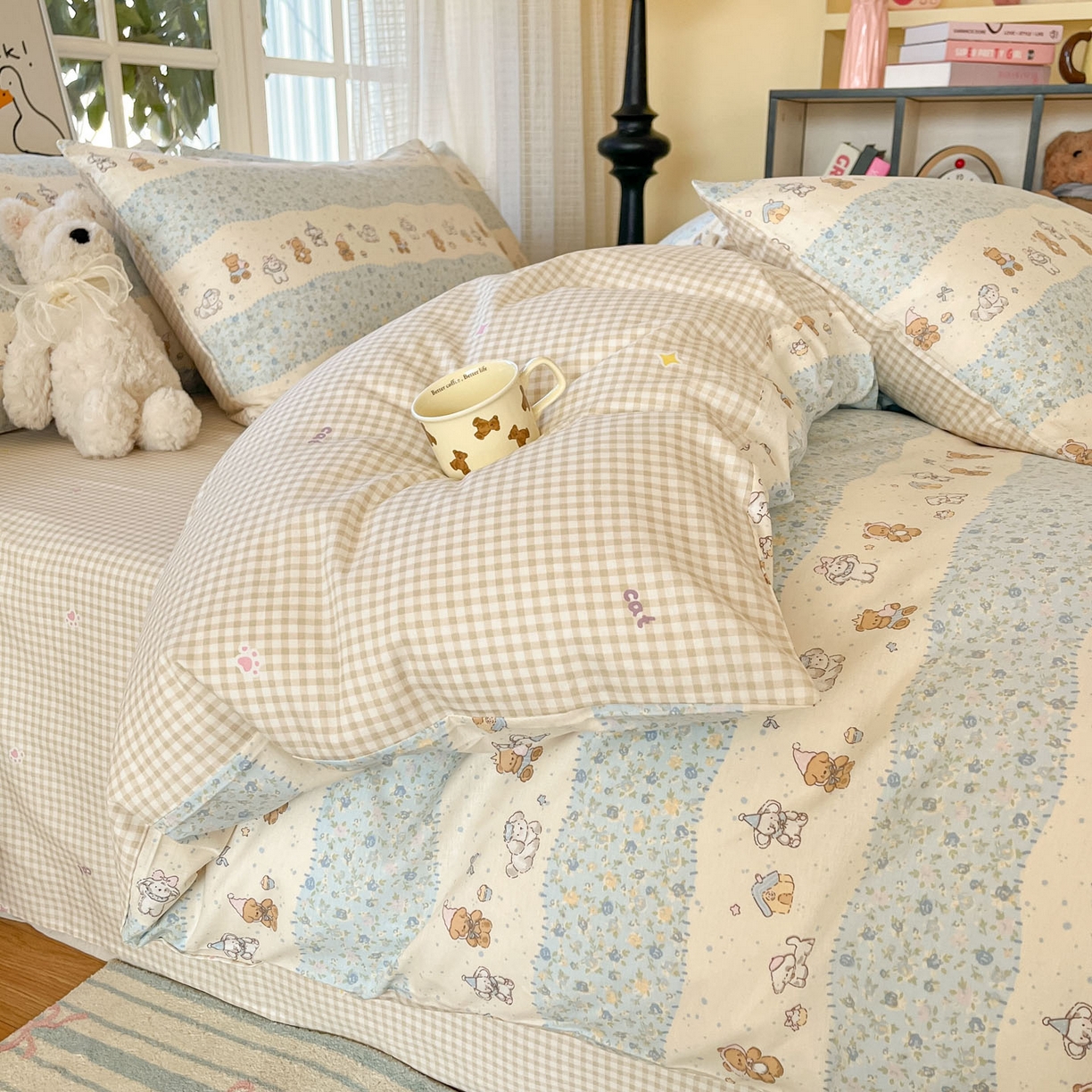 91家纺网 家纺一手货源 找家纺 睡美美家纺 2026新款全棉纯棉斜纹印花喷气小清新四季款学生三件套四件套 三小只