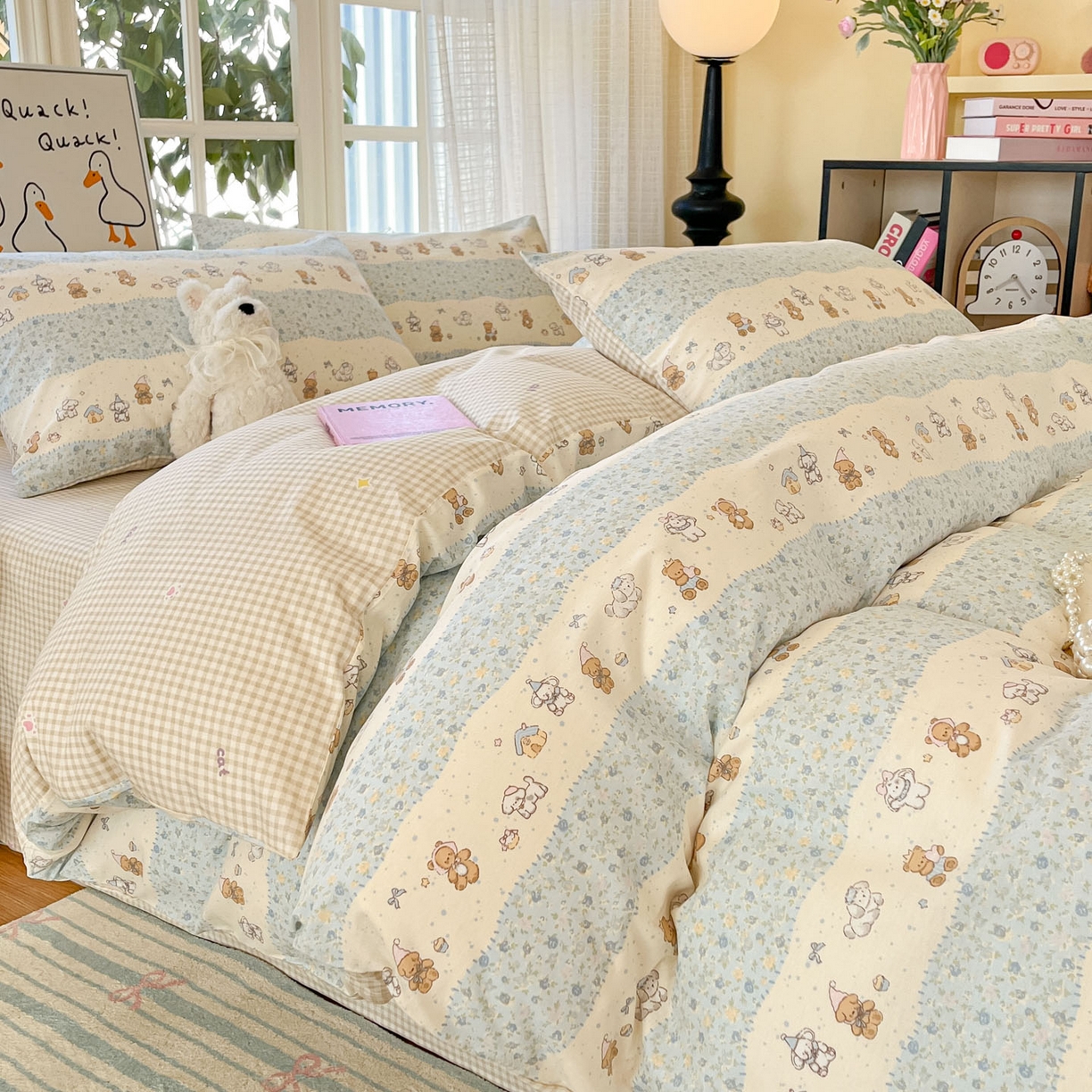 91家纺网 家纺一手货源 找家纺 睡美美家纺 2026新款全棉纯棉斜纹印花喷气小清新四季款学生三件套四件套 三小只