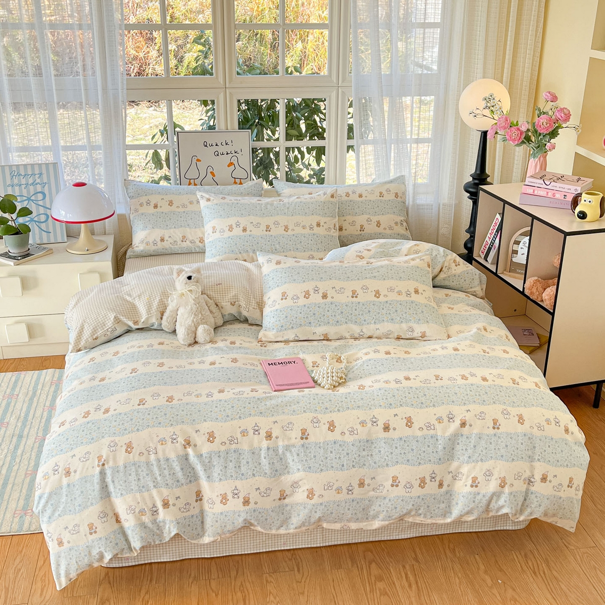 91家纺网 家纺一手货源 找家纺 睡美美家纺 2026新款全棉纯棉斜纹印花喷气小清新四季款学生三件套四件套 三小只