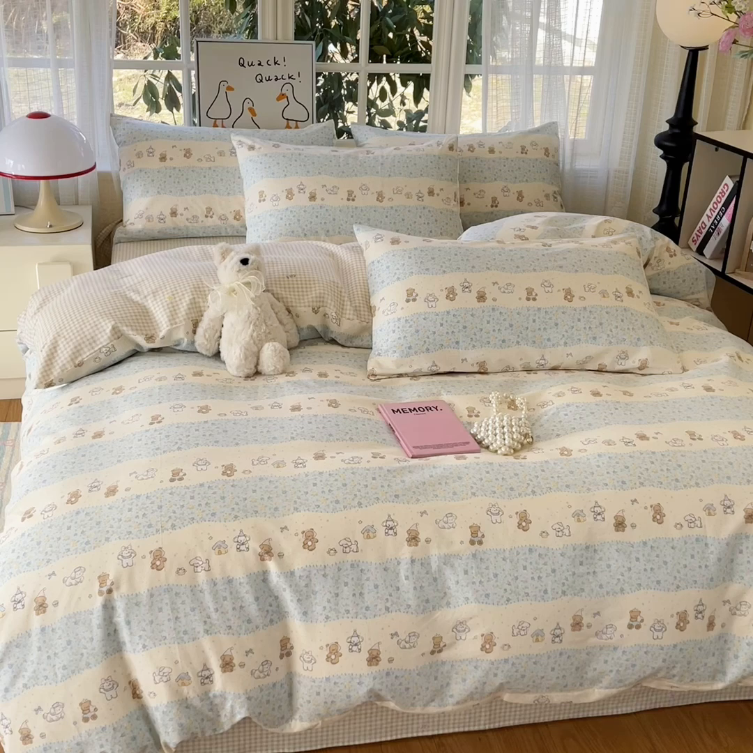 91家纺网 家纺一手货源 找家纺 睡美美家纺 2026新款全棉纯棉斜纹印花喷气小清新四季款学生三件套四件套 三小只