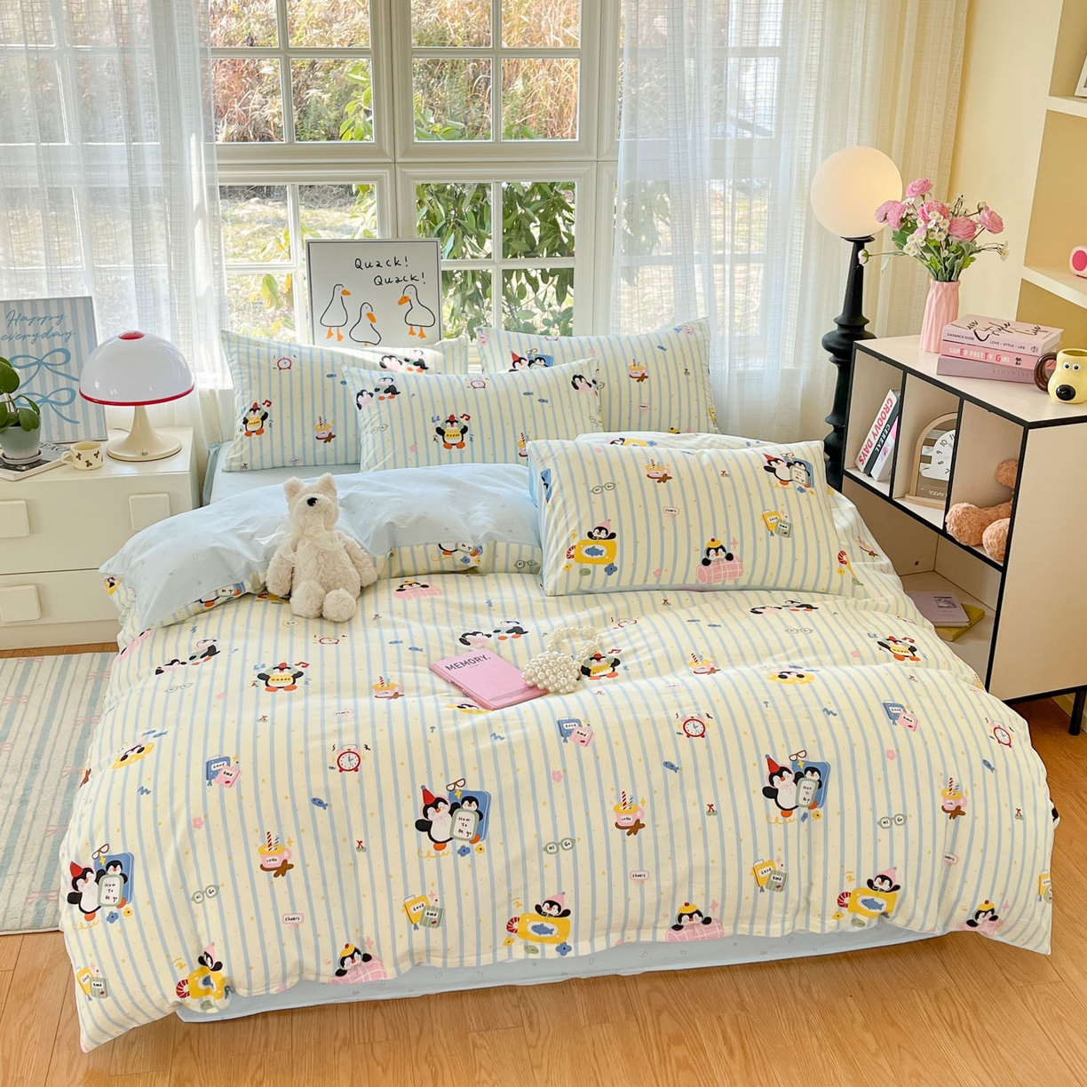 91家纺网 家纺一手货源 找家纺 睡美美家纺 2026新款全棉纯棉斜纹印花喷气小清新四季款学生三件套四件套 生日派企鹅