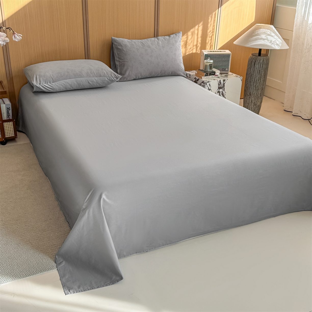 91家纺网 家纺一手货源 找家纺 灰鲸 2026新款全棉纯棉三层纱色织提花四件套 花影-雾灰